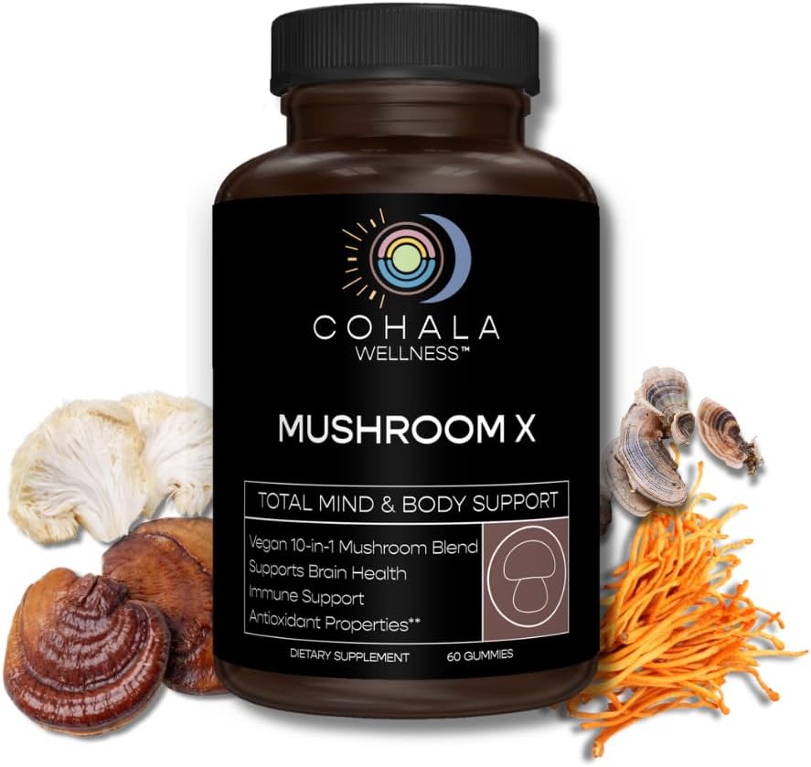 COHALA WELLNESS Mushroom X 10-in-1 Blend Vegan Gummies - Reishi Turkey Tails Lions Mane Supplement for Brain, Immune Support, Energy, Stress Relief - 60 Gummies