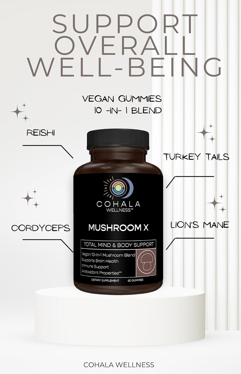 COHALA WELLNESS Mushroom X 10-in-1 Blend Vegan Gummies - Reishi Turkey Tails Lions Mane Supplement for Brain, Immune Support, Energy, Stress Relief - 60 Gummies