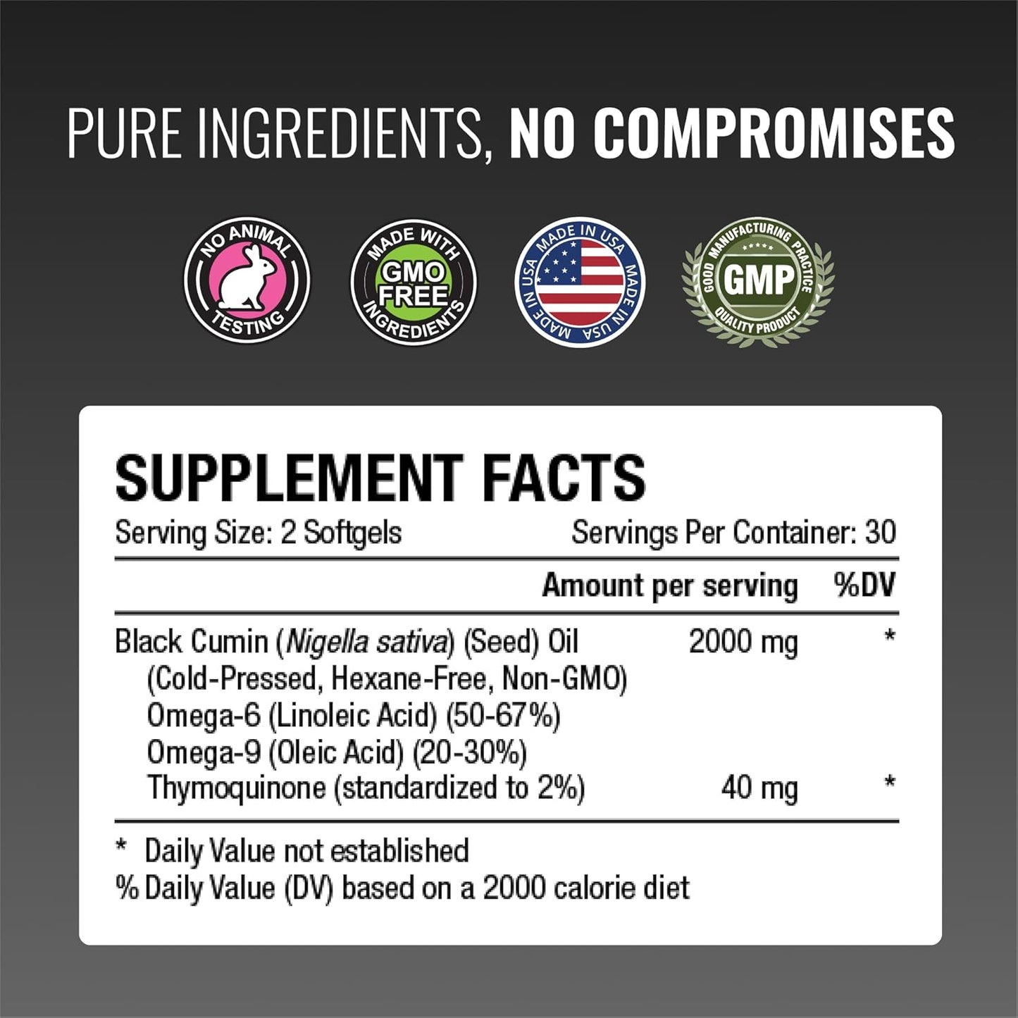 Cold Pressed Black Seed Oil Softgels - Immunity & Cognitive Health Support - 2% Thymoquinone - 60 Capsules - USA Made