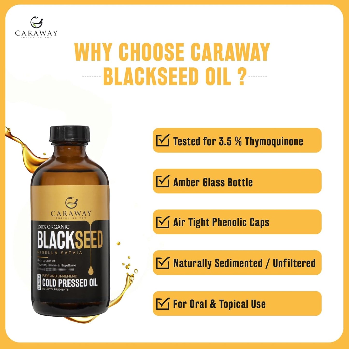 Cold Pressed Caraway Black Seed Oil for Immunity Boost & Hair Care - 8 oz Glass Bottle