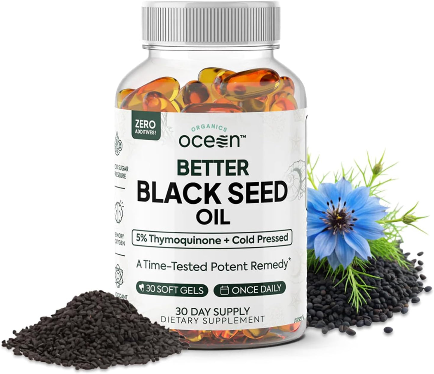 Cold Pressed Organic Black Seed Oil with 5% Thymoquinone for Immune Support and Cellular Health - Pure Nigella Sativa Oil for Memory and Vitality