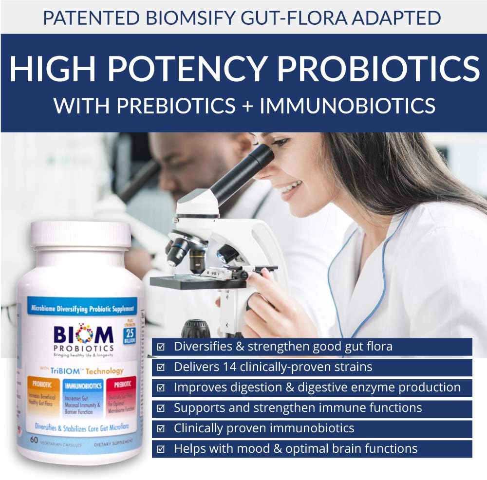 Cold Shipped Biom Probiotics 3-in-1 Formula - 25 Billion Flora Probiotics, Prebiotics, and Immunobiotics - Boosts Immune Support, Diversifies Gut Microflora - Men & Women-Friendly