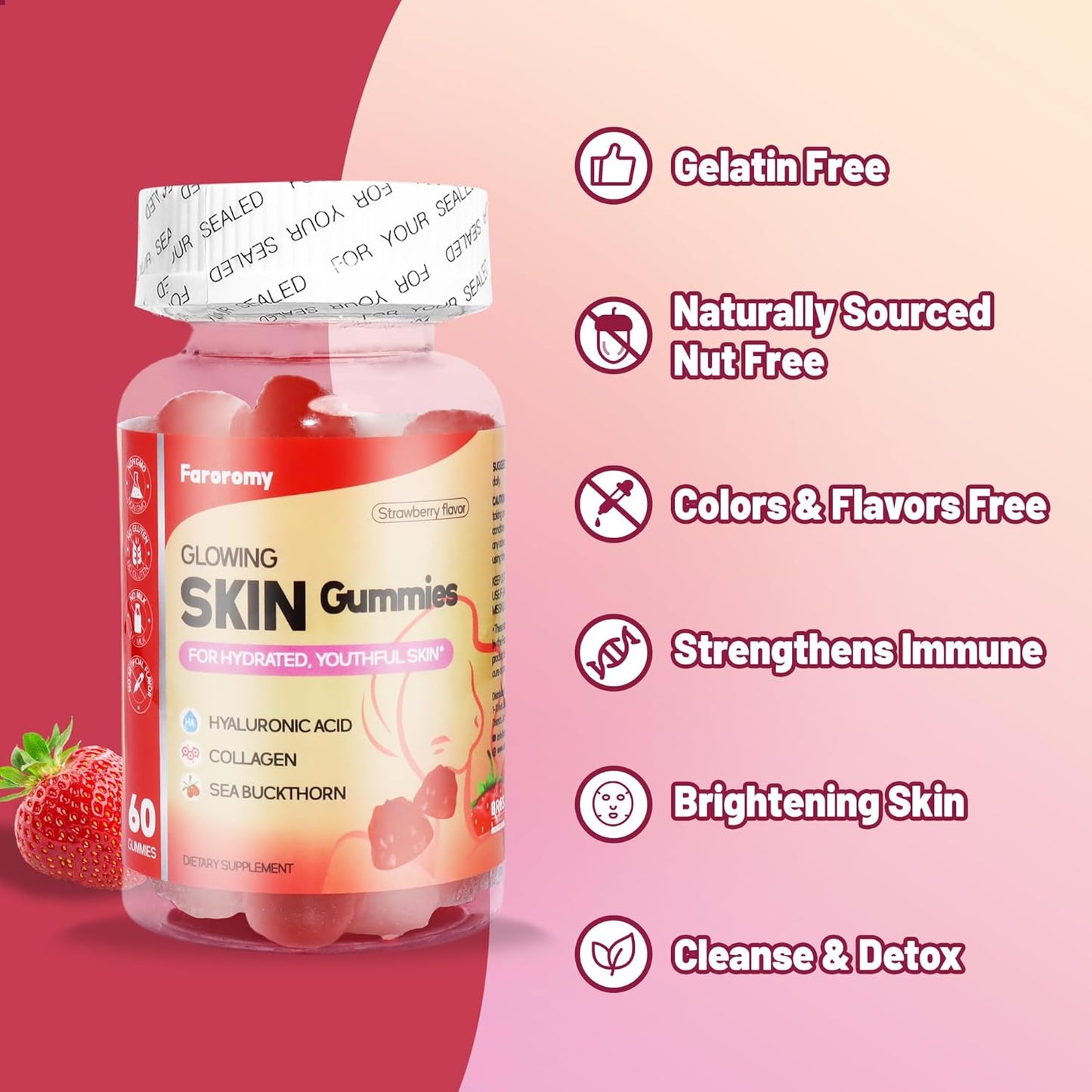 Collagen Glow Gummies for Women - Supports Skin Elasticity, Firmness & Hydration - 30 Day Supply, 60 Count