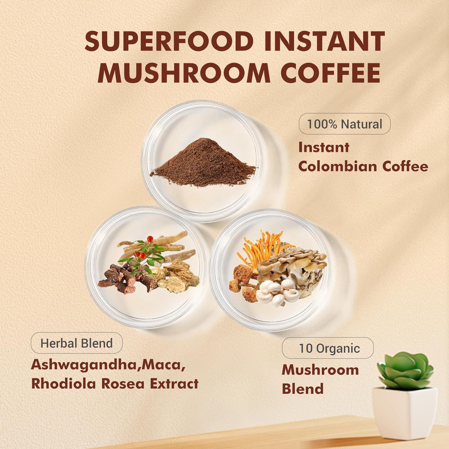 Colombian Instant Mushroom Coffee Powder with 10 Mushrooms - Energy, Focus, and Immune Support Supplement