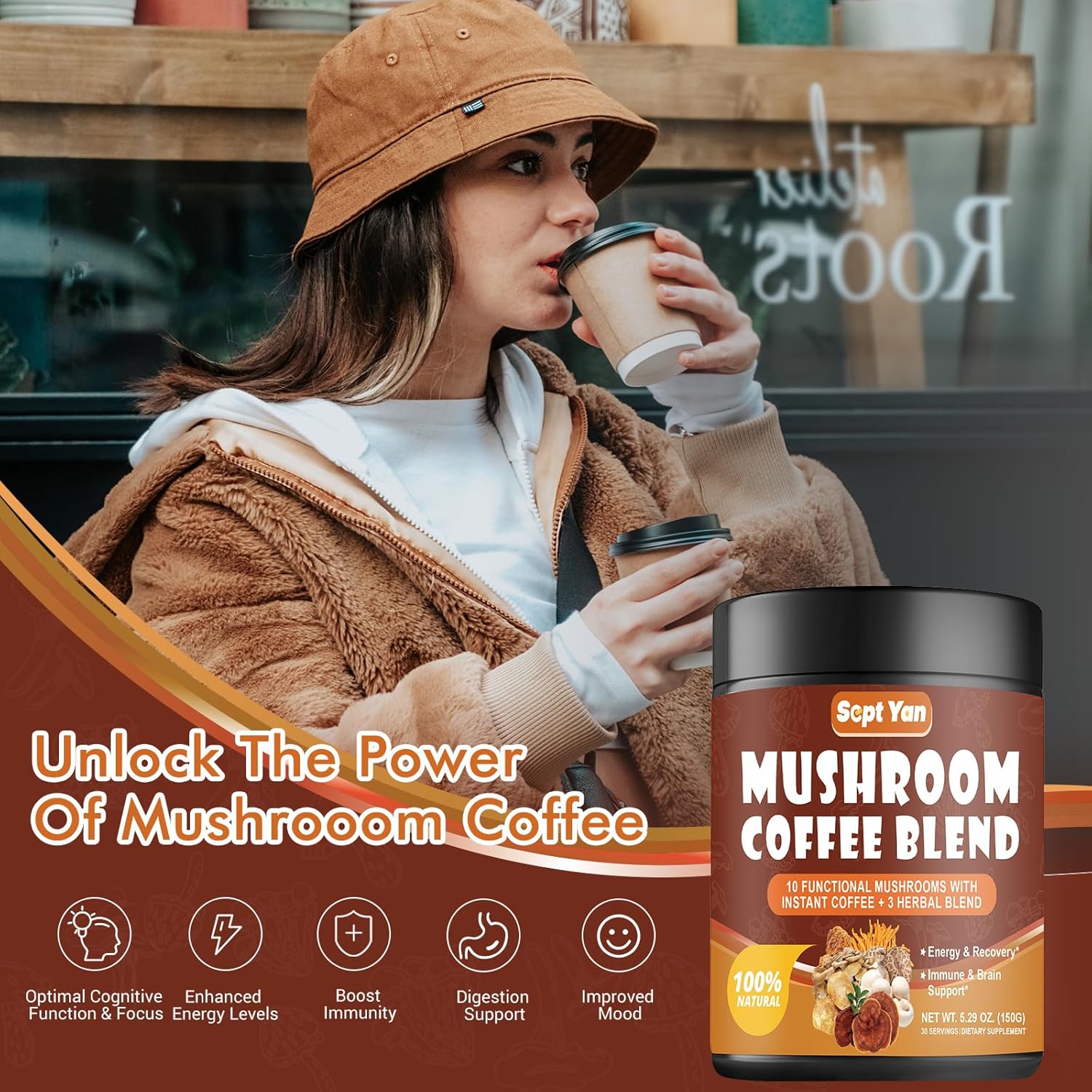 Colombian Instant Mushroom Coffee Powder with 10 Mushrooms - Energy, Focus, and Immune Support Supplement