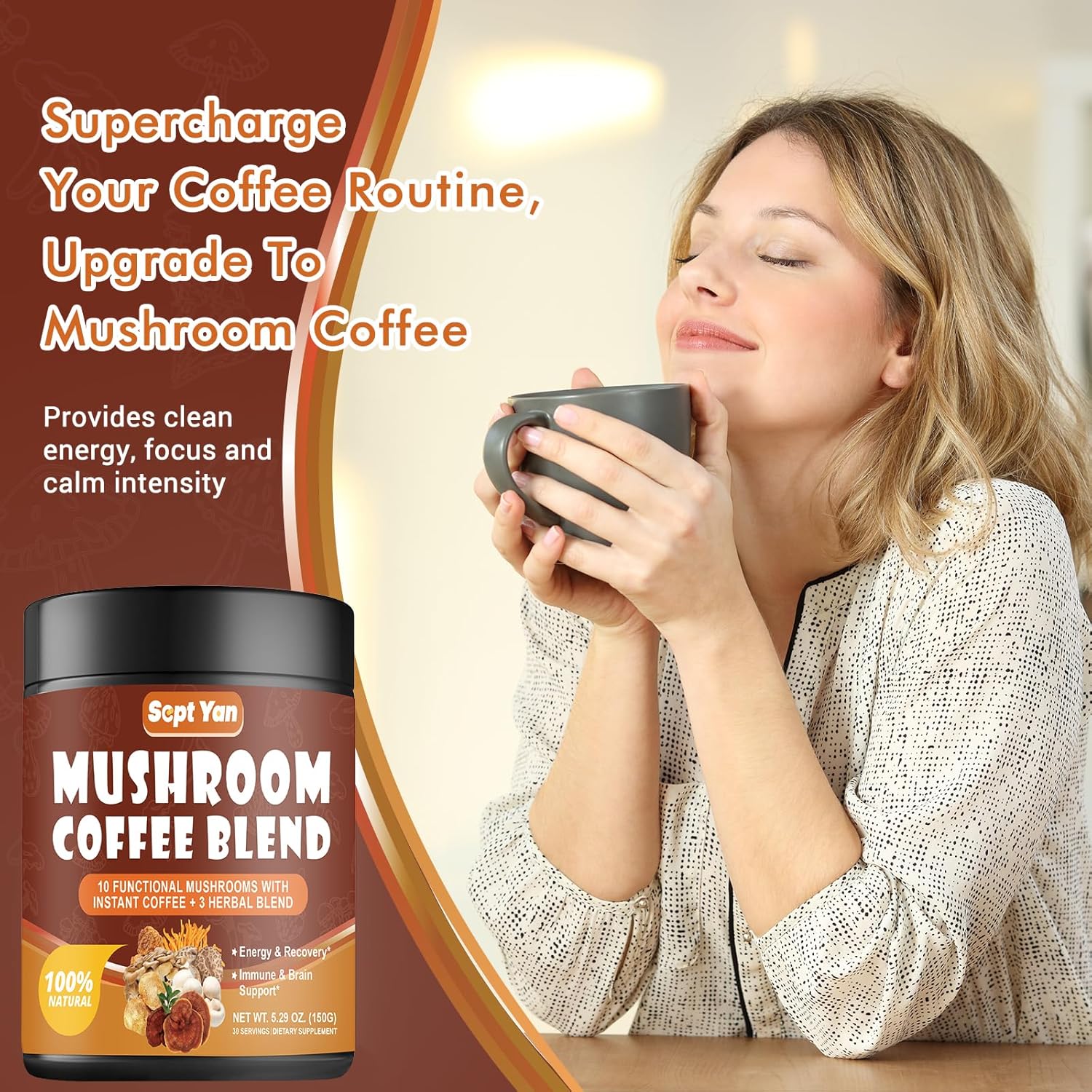 Colombian Instant Mushroom Coffee Powder with 10 Mushrooms - Energy, Focus, and Immune Support Supplement