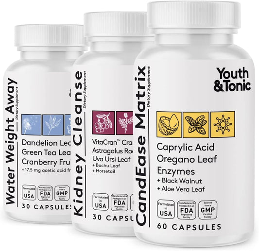Complete Body Cleanse Detox Bundle - Youth & Tonic Water Weight Away, Kidney Cleanse, and CandEase Matrix - Promotes Health and Wellness