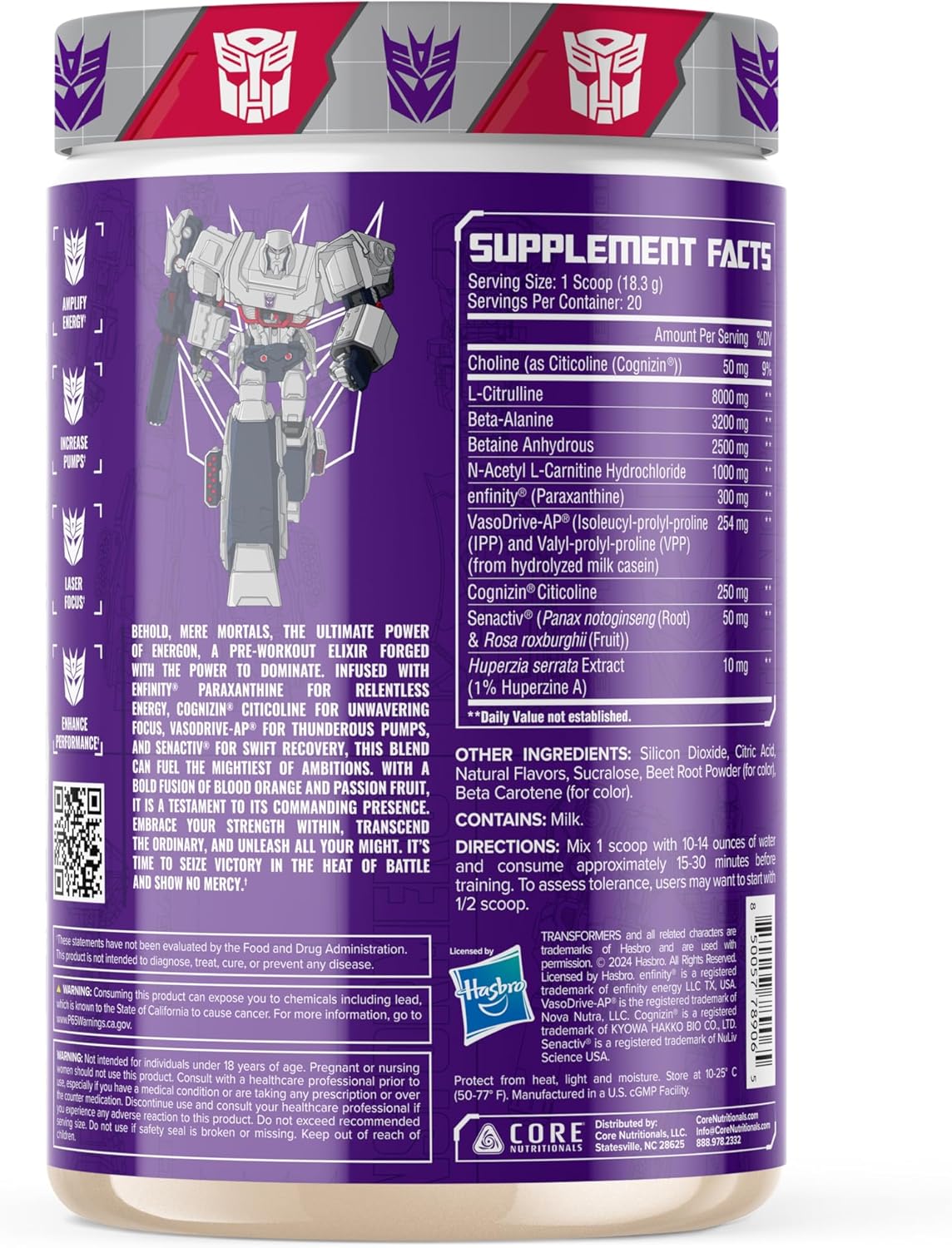 Core Nutritionals Energon Pre Workout Supplement Formula with Free Megatron Prize - Blood Orange Passion Fruit (20 Servings)