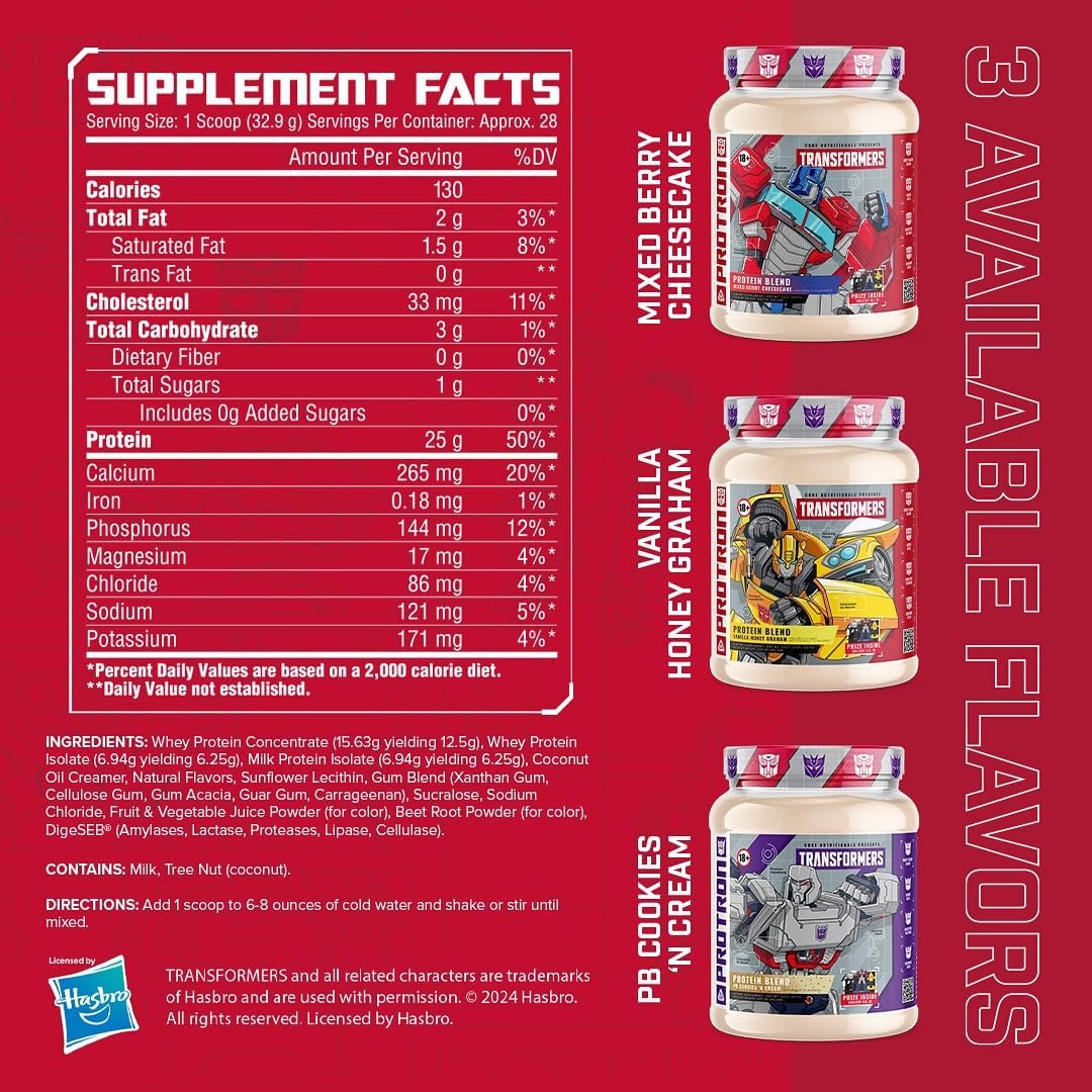 Core Nutritionals Transformers Protron Protein Blend Supplement (2 lbs, Mixed Berry Cheesecake) - Adult Formula with Free Prize