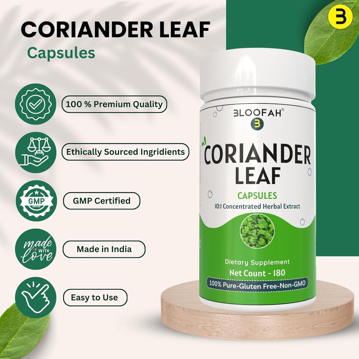 Coriander Leaf Capsules 500mg | 10:1 Concentrated Extract | Herbal Supplement | Non-GMO | Plant-Based (180 Count)