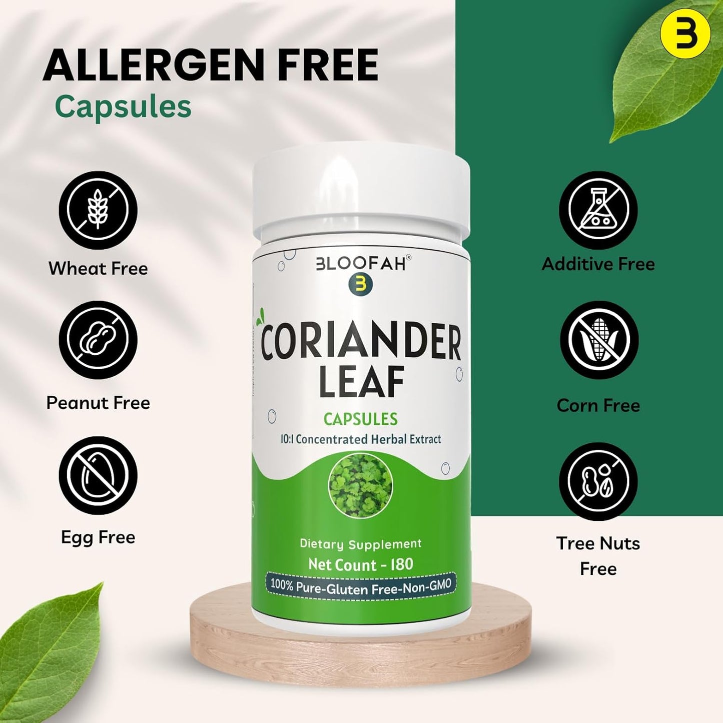 Coriander Leaf Capsules 500mg | 10:1 Concentrated Extract | Herbal Supplement | Non-GMO | Plant-Based (180 Count)