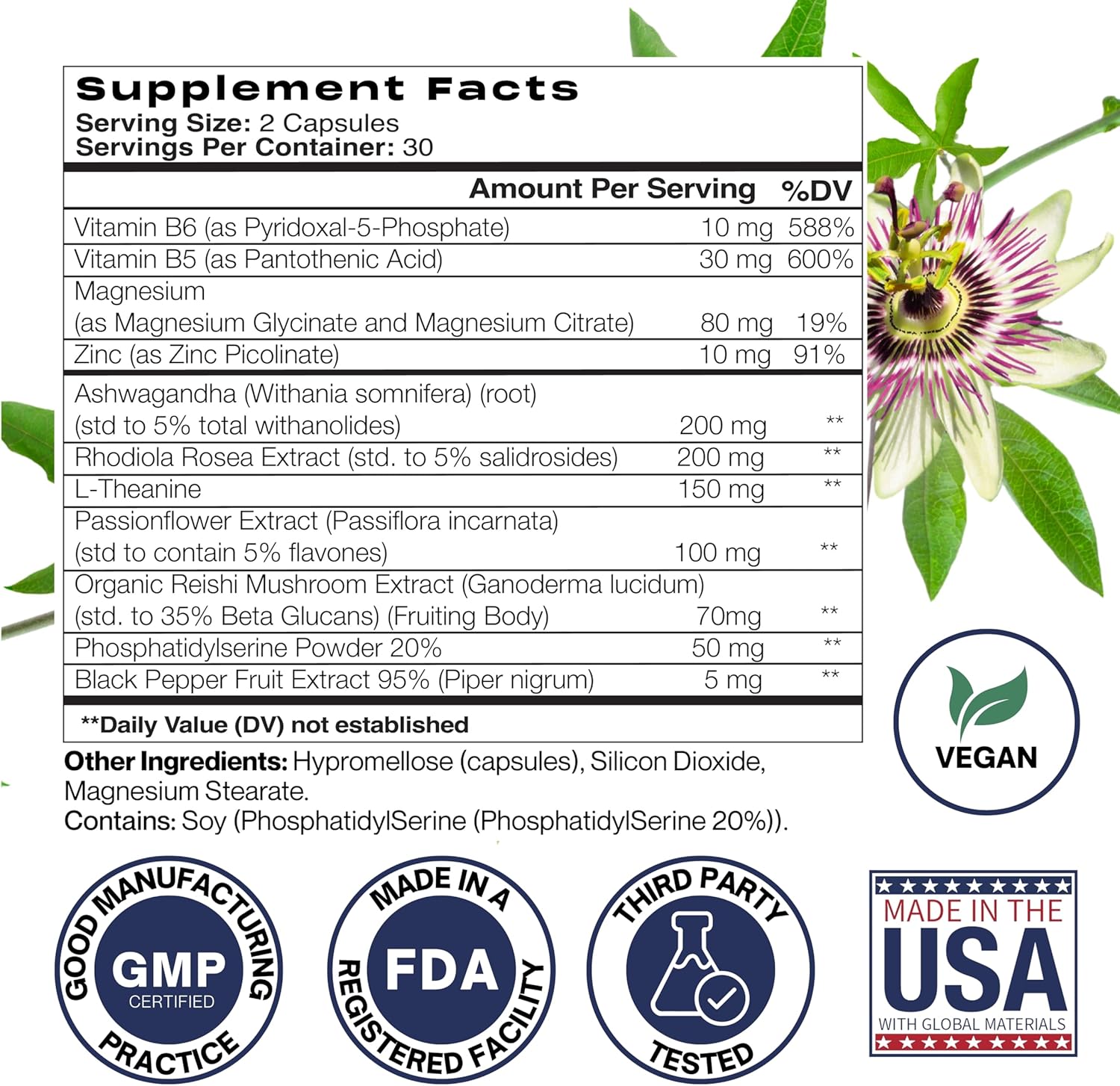 Cortisol Balance Supplement with Ashwagandha, Rhodiola, Passionflower, L-Theanine, Magnesium, Zinc, B6 & B5 - Vegan Formula for Stress Support