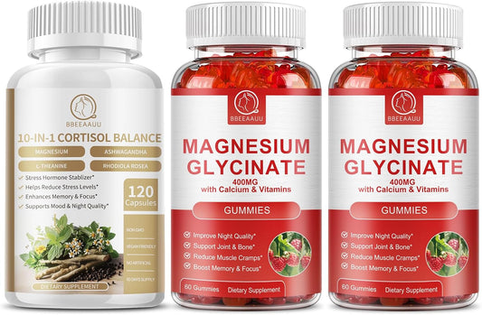Cortisol Supplement Capsules and Magnesium Gummies for Stress Relief and Relaxation