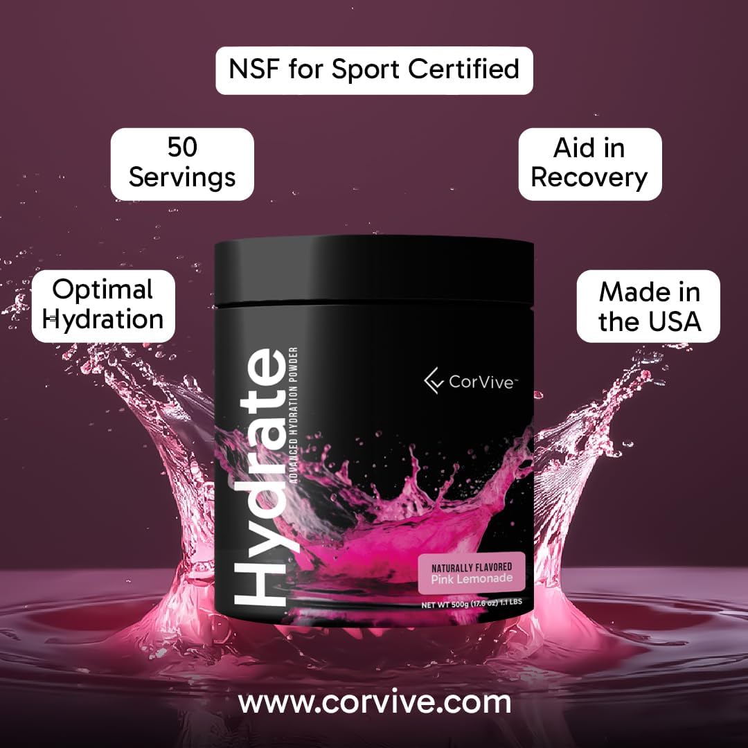 CorVive Pink Lemonade Hydrate Electrolyte Drink Mix - NSF Certified with Electrolytes, Vitamin C, Magnesium, Zinc, Potassium - Boost Performance for Athletes & Military - 50 Servings