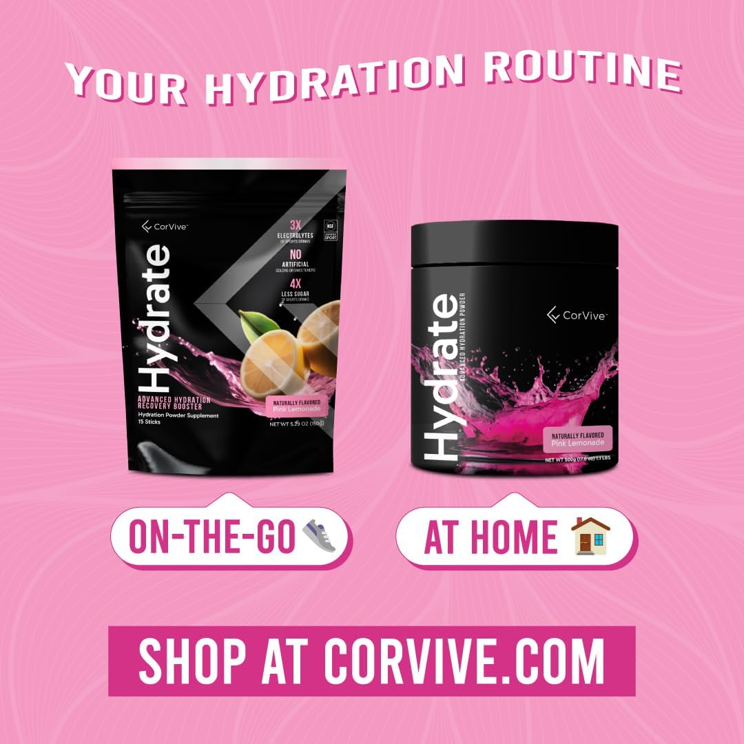 CorVive Pink Lemonade Hydrate Electrolyte Drink Mix - NSF Certified with Electrolytes, Vitamin C, Magnesium, Zinc, Potassium - Boost Performance for Athletes & Military - 50 Servings
