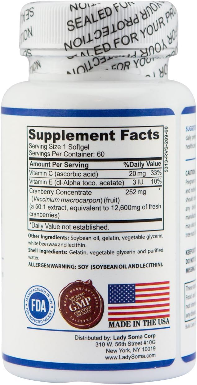 Cranberry UTI Dietary Supplement with Vitamin C - 60 Soft Gels by Lady Soma