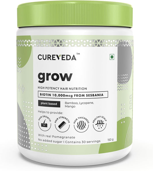 Cureveda Plant Based Biotin Powder Supplement for Hair Growth 10000 Mcg - Natural Pomegranate Flavour (1 Pack)