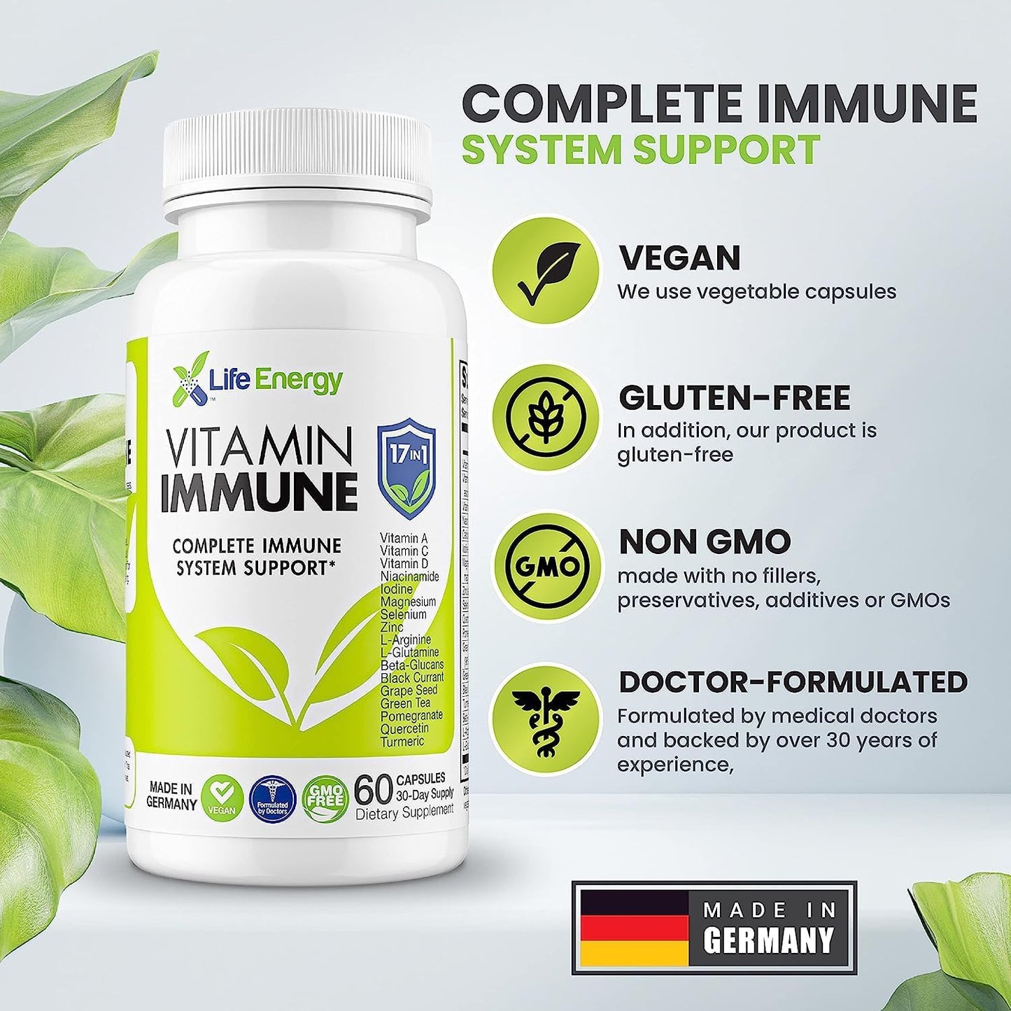 Daily Immune Support Supplement with 17 Essential Nutrients - Vitamin C, D, A, Zinc, Quercetin, Turmeric, Green Tea, Selenium - 60 Count