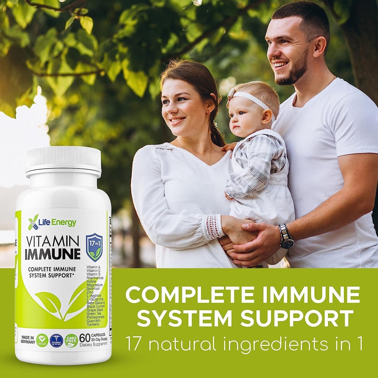 Daily Immune Support Supplement with 17 Essential Nutrients - Vitamin C, D, A, Zinc, Quercetin, Turmeric, Green Tea, Selenium - 60 Count