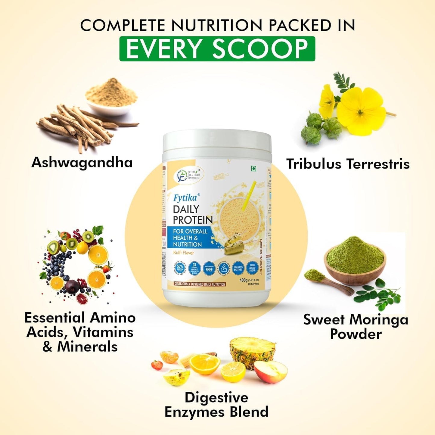 Daily Protein Powder for Adults with 37 Essential Vitamins & Minerals - 400G Kulfi Flavor