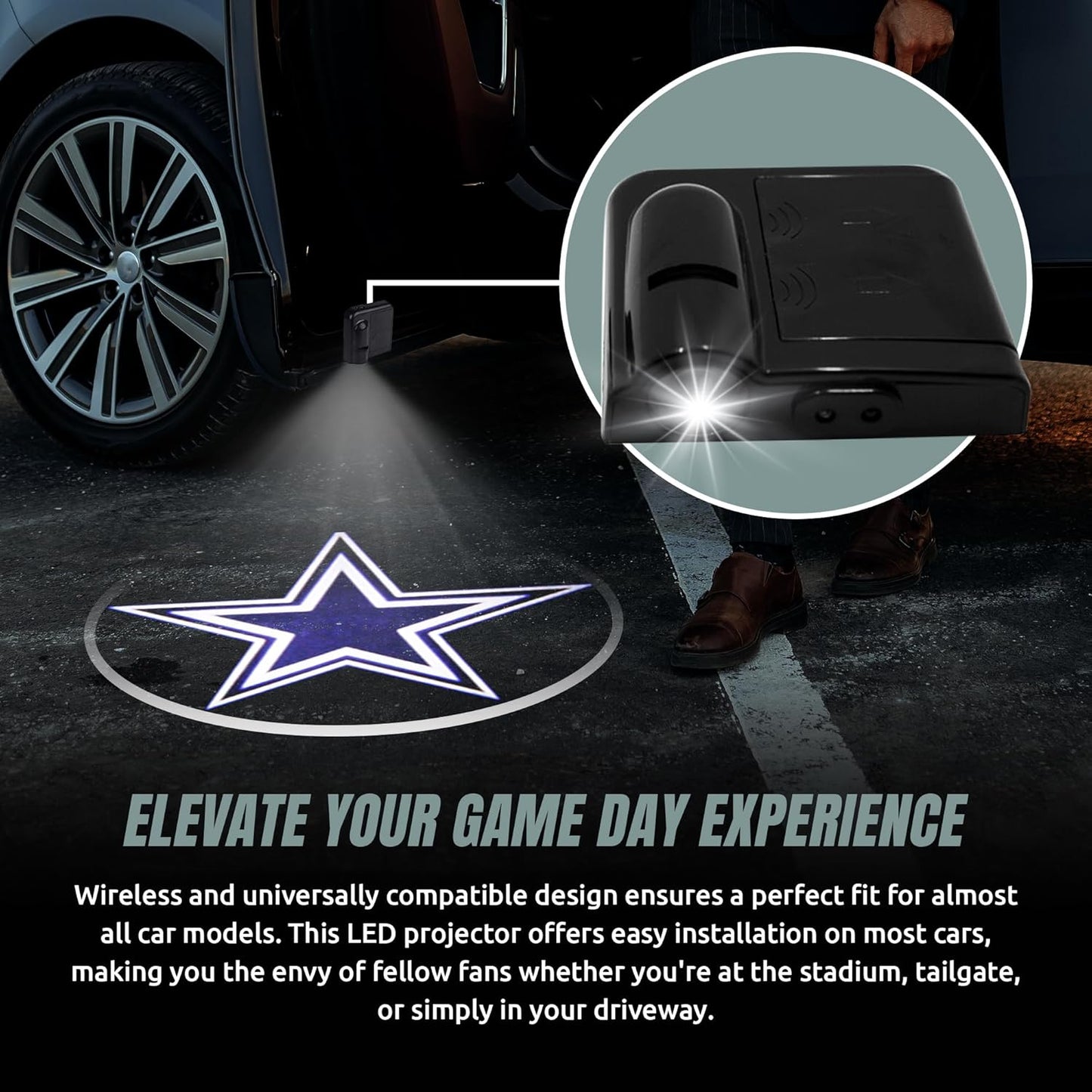 Dallas Cowboys NFL LED Car Door Light Projector - Wireless Logo Slide for Most Car Models - Battery-Operated