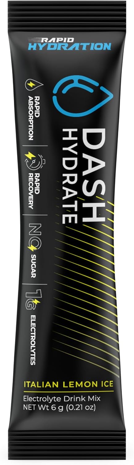 DASH Hydrate Electrolyte Drink Mix Packets - Rapid Hydration & Recovery, Sugar-Free, Energy Boost - Detox Support - 16 ct (Italian Lemon Ice)