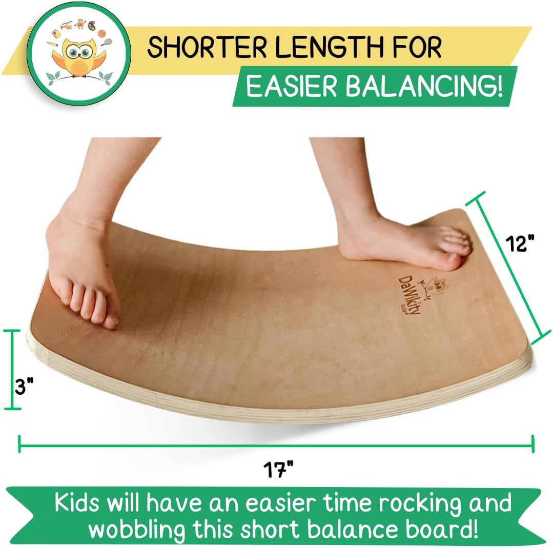 DaWikity Kids Wooden Balance Board - Eco-Friendly Wobble Trainer for Sensory Motor Development and Core Strengthening - 17x12x3", 480 lbs Capacity.