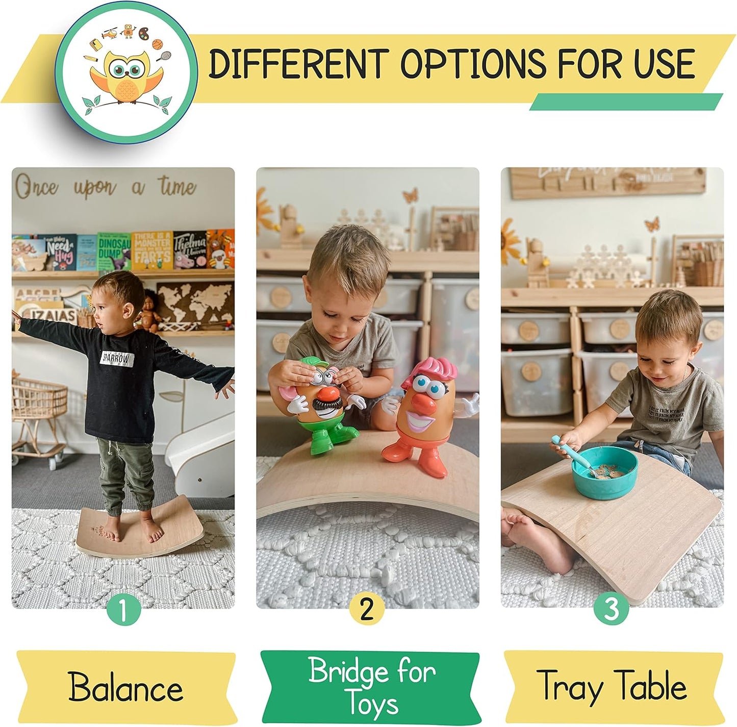 DaWikity Kids Wooden Balance Board - Eco-Friendly Wobble Trainer for Sensory Motor Development and Core Strengthening - 17x12x3", 480 lbs Capacity.