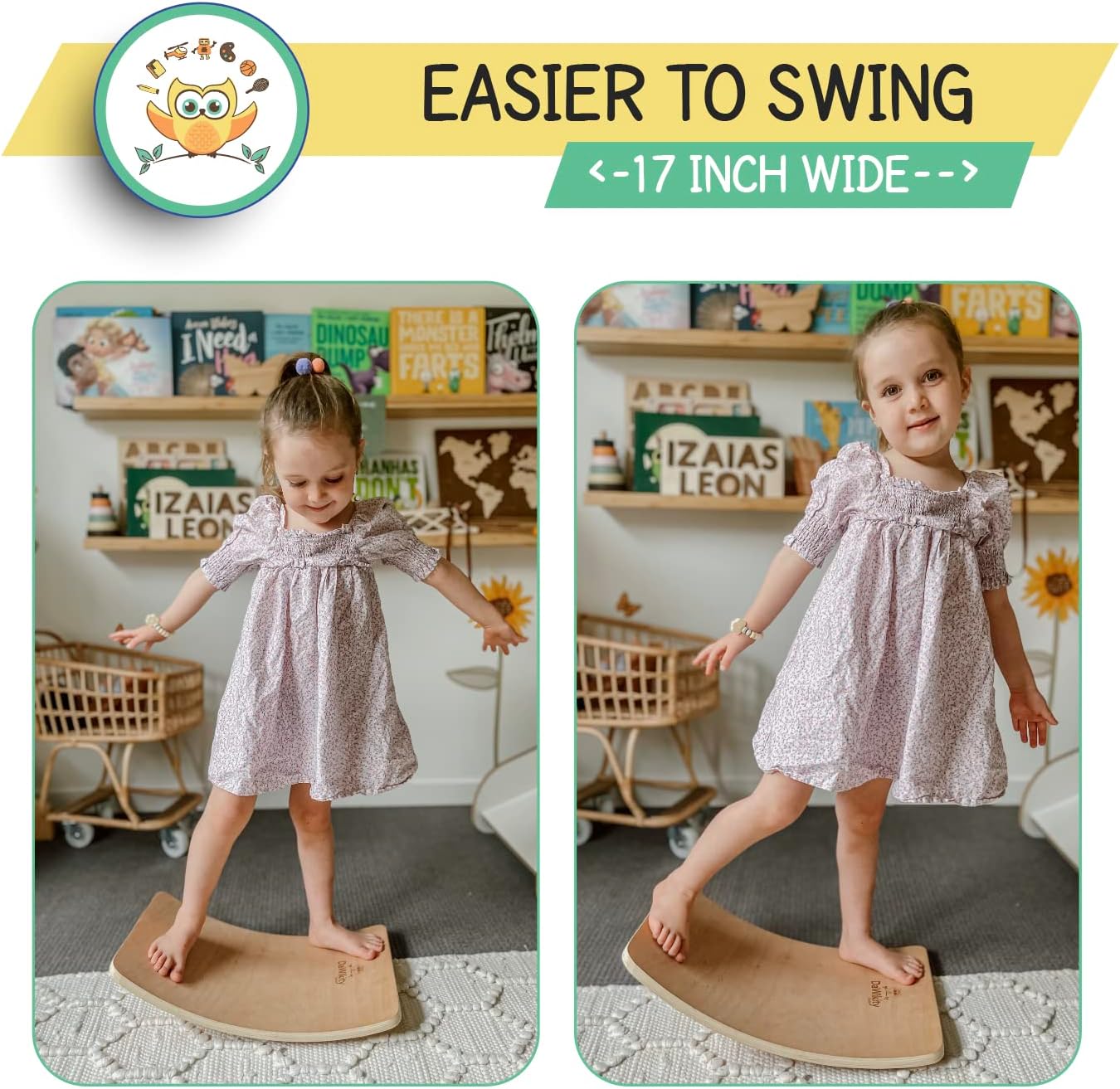 DaWikity Kids Wooden Balance Board - Eco-Friendly Wobble Trainer for Sensory Motor Development and Core Strengthening - 17x12x3", 480 lbs Capacity.