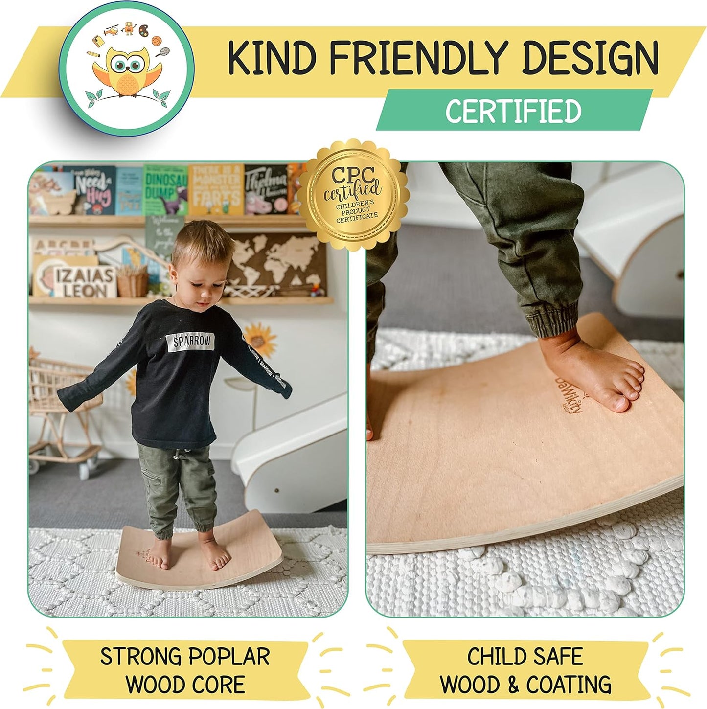 DaWikity Kids Wooden Balance Board - Eco-Friendly Wobble Trainer for Sensory Motor Development and Core Strengthening - 17x12x3", 480 lbs Capacity.
