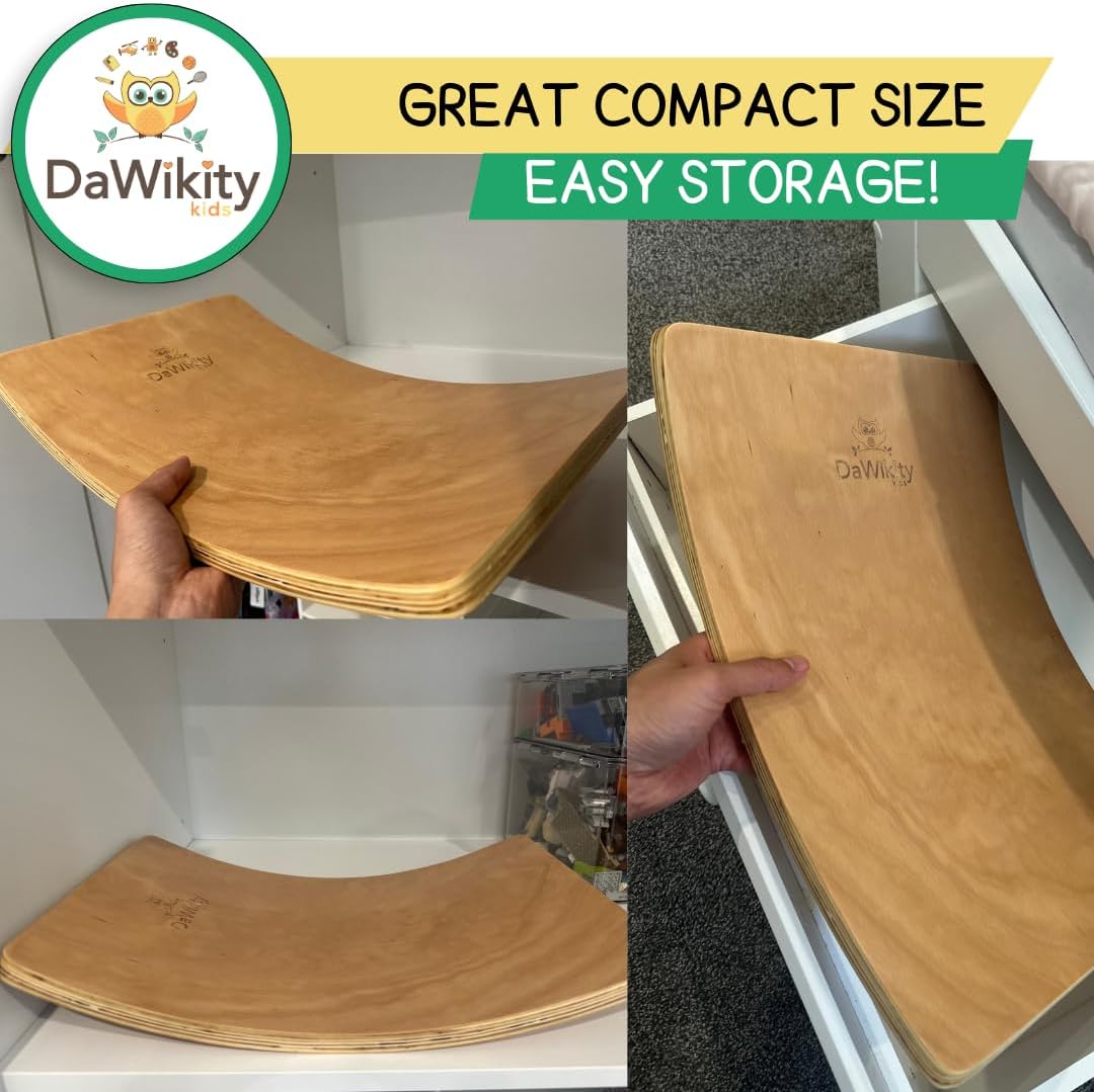 DaWikity Kids Wooden Balance Board - Eco-Friendly Wobble Trainer for Sensory Motor Development and Core Strengthening - 17x12x3", 480 lbs Capacity.