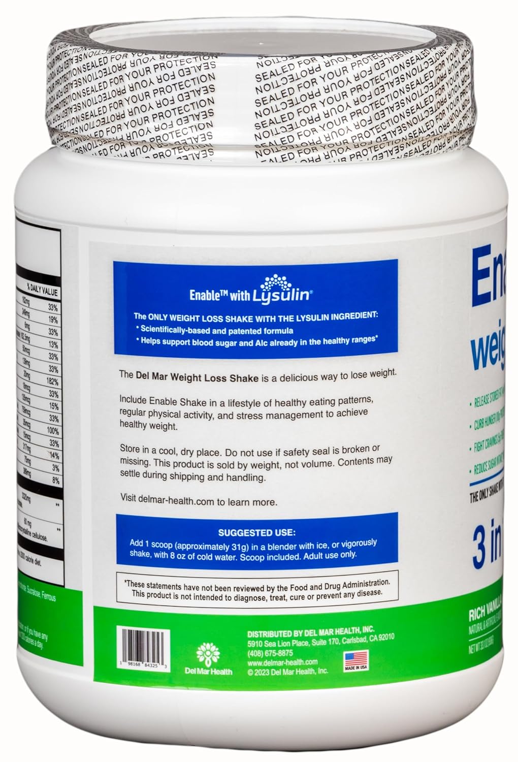 Del Mar Health Enable Vanilla Slimming Formula Shake - 2lb 8oz Meal Replacement for Delicious & Healthy Results