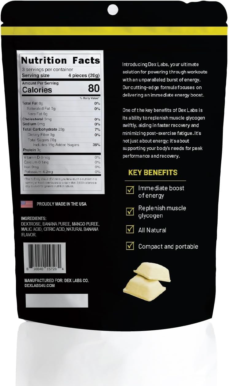 Dextrose Energy Bites - Portable Glucose Tablets for Workout - Banana Mango Flavored Melts - Pack of 03