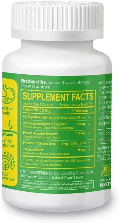 Digestive Enzyme Complex with Probiotic, Prebiotic for Gut Health - Vegan Capsules for Bloating & Digestive Relief - 90 Day Supply