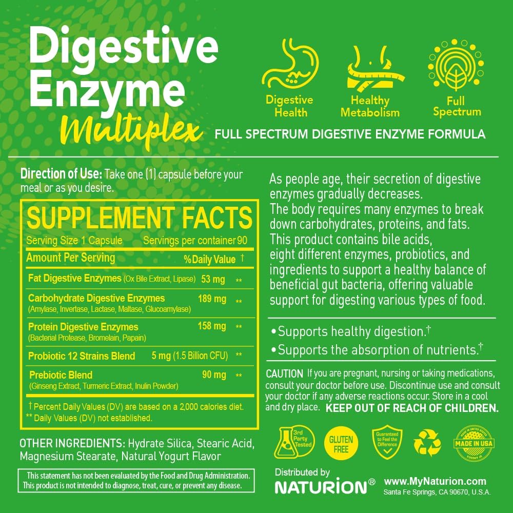 Digestive Enzyme Complex with Probiotic, Prebiotic for Gut Health - Vegan Capsules for Bloating & Digestive Relief - 90 Day Supply