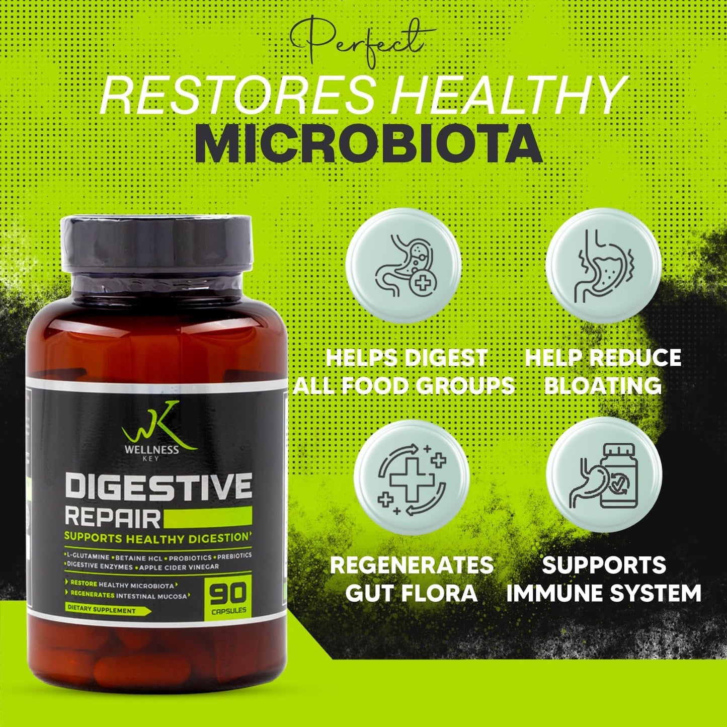 Digestive Repair Supplement with 7 Enzymes, 6 Probiotic Strains, 3 Billion CFUs - Improve Gut Health, No Bloating - Natural Ingredients - 90 Capsules