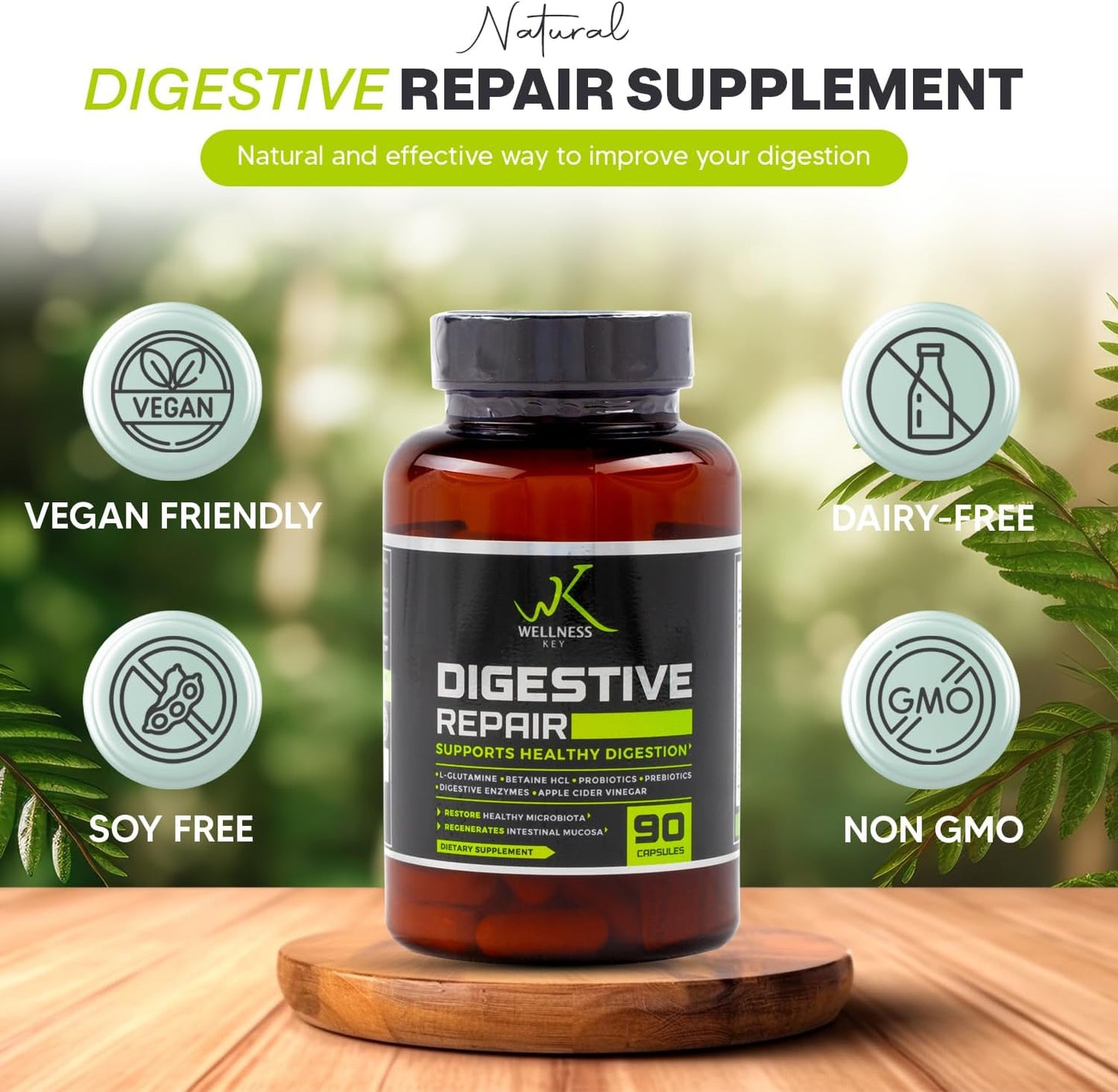 Digestive Repair Supplement with 7 Enzymes, 6 Probiotic Strains, 3 Billion CFUs - Improve Gut Health, No Bloating - Natural Ingredients - 90 Capsules