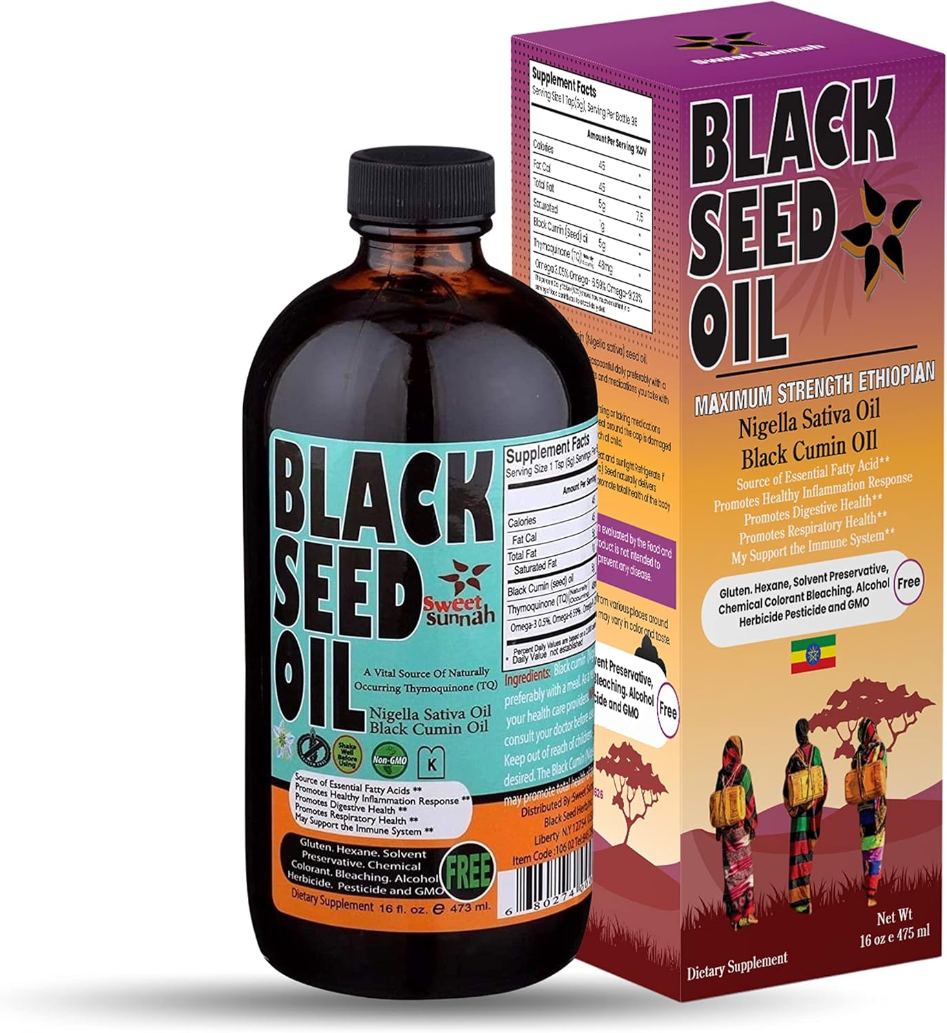 Discover Sweet Sunnah Ethiopian Black Seed Oil - Cold-Pressed Nigella Sativa Oil with 3.43% Thymoquinone - 16 Oz Glass Bottle - Non-GMO Improved Formula