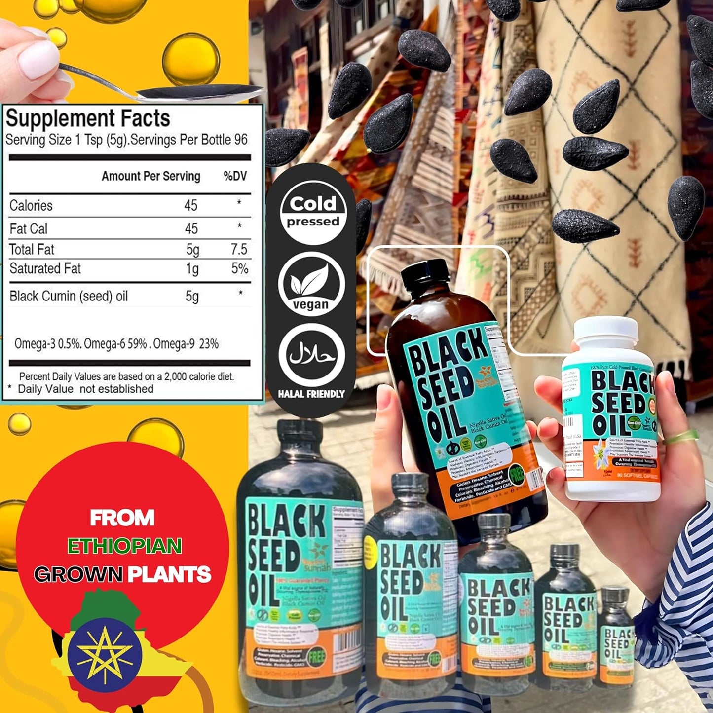 Discover Sweet Sunnah Ethiopian Black Seed Oil - Cold-Pressed Nigella Sativa Oil with 3.43% Thymoquinone - 16 Oz Glass Bottle - Non-GMO Improved Formula