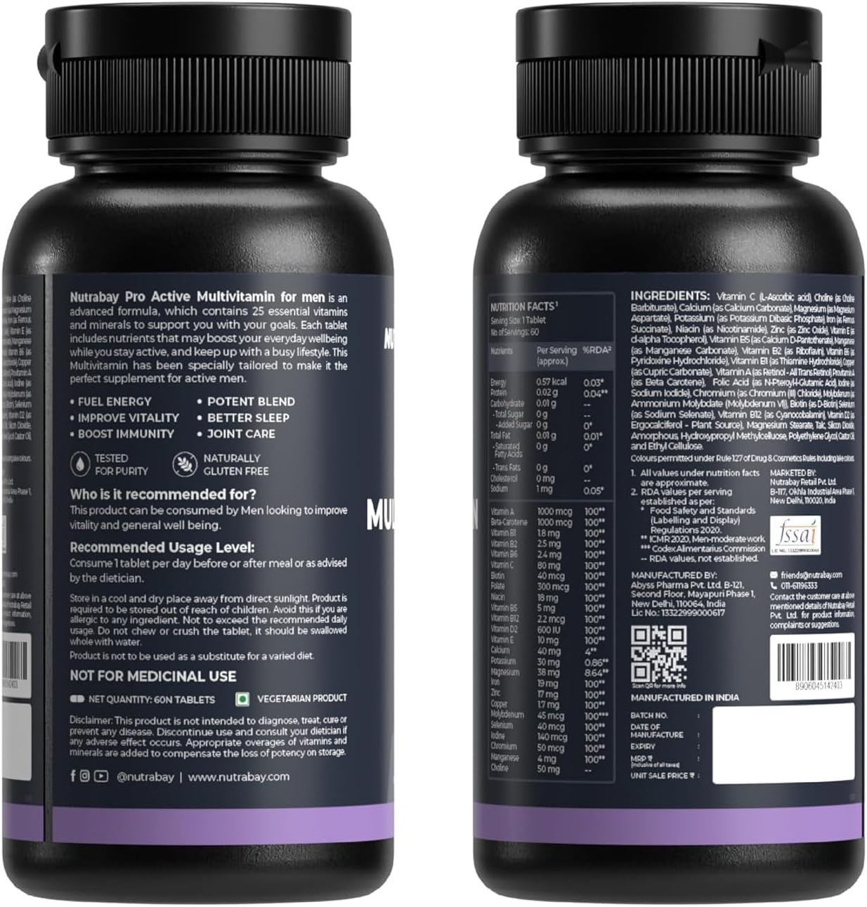 Divyam_N'utrabay Pro Active Multivitamin for Men - 60 Tablets | Boost Energy, Stamina & Immunity with 25 Essential Vitamins & Minerals incl. Zinc, Vitamin C, D, B12
