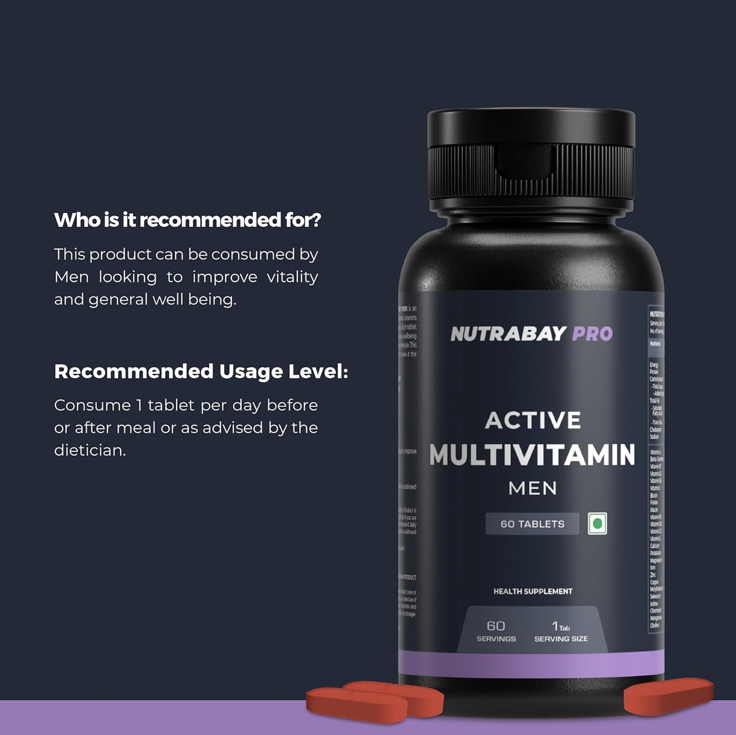 Divyam_N'utrabay Pro Active Multivitamin for Men - 60 Tablets | Boost Energy, Stamina & Immunity with 25 Essential Vitamins & Minerals incl. Zinc, Vitamin C, D, B12
