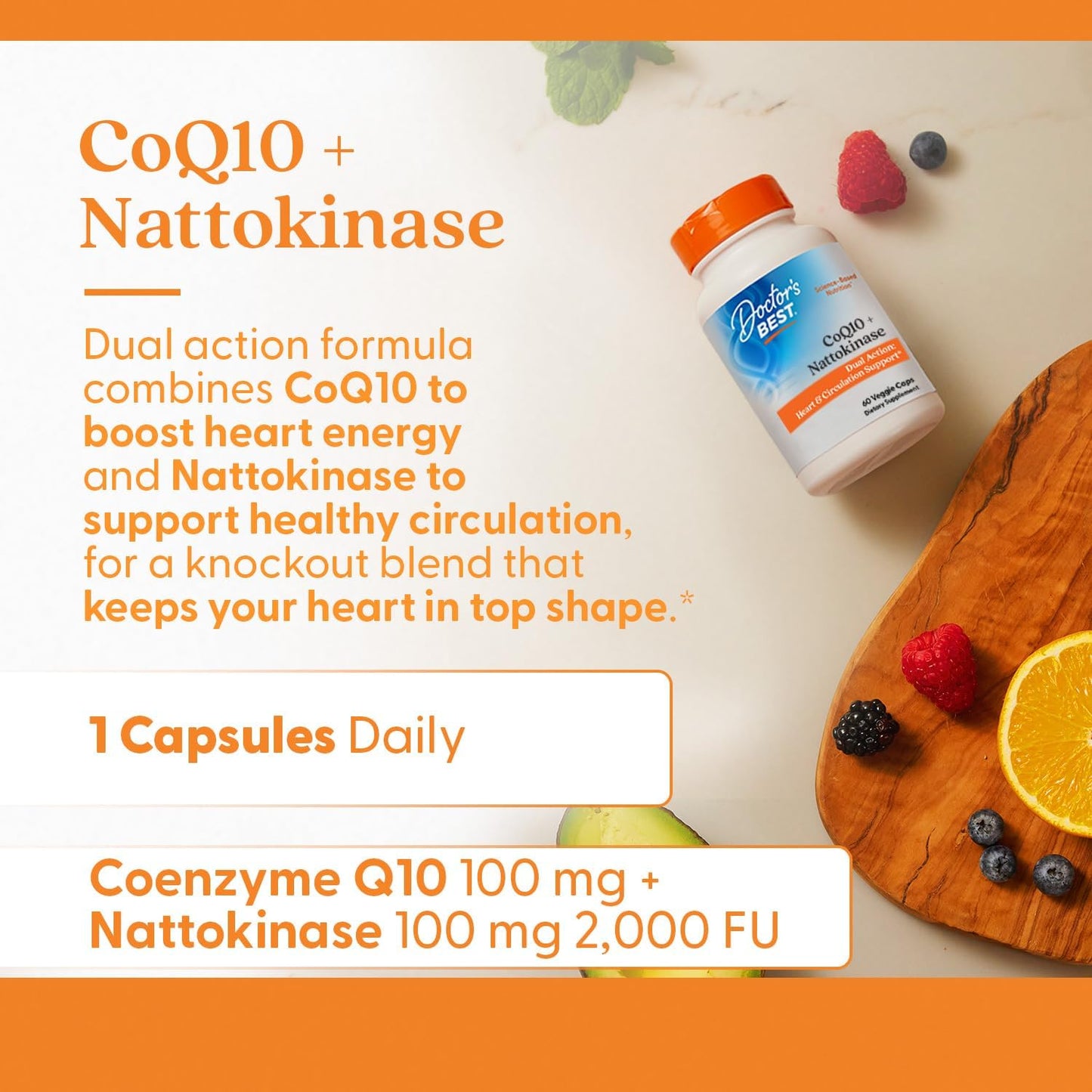 Doctor's BEST CoQ10 100 mg and Nattokinase 2,000FU Capsules for Heart and Circulation - Non-GMO, Gluten Free, Vegan - 60 Count