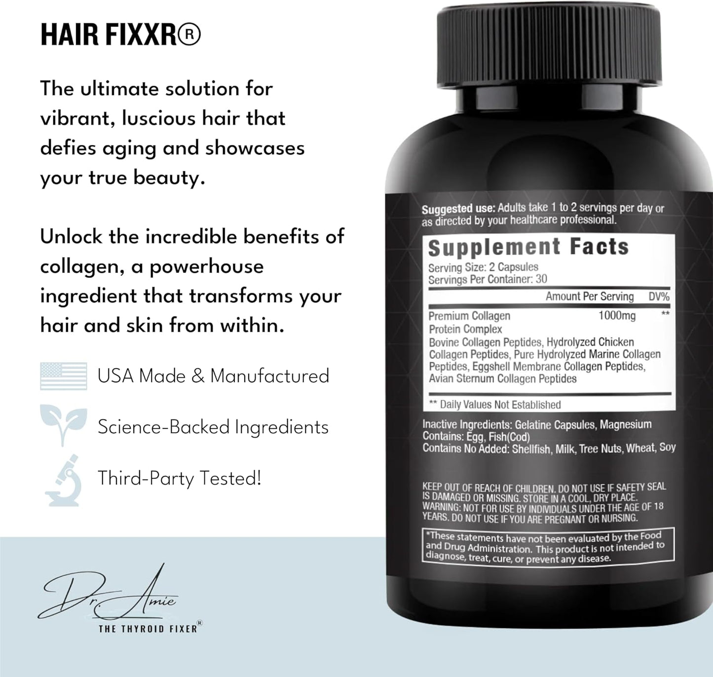 Dr. Amie's Fixxr Hair: Premium Collagen Protein Complex for Hair and Skin Support - 30 Day Supply, 60 Capsules