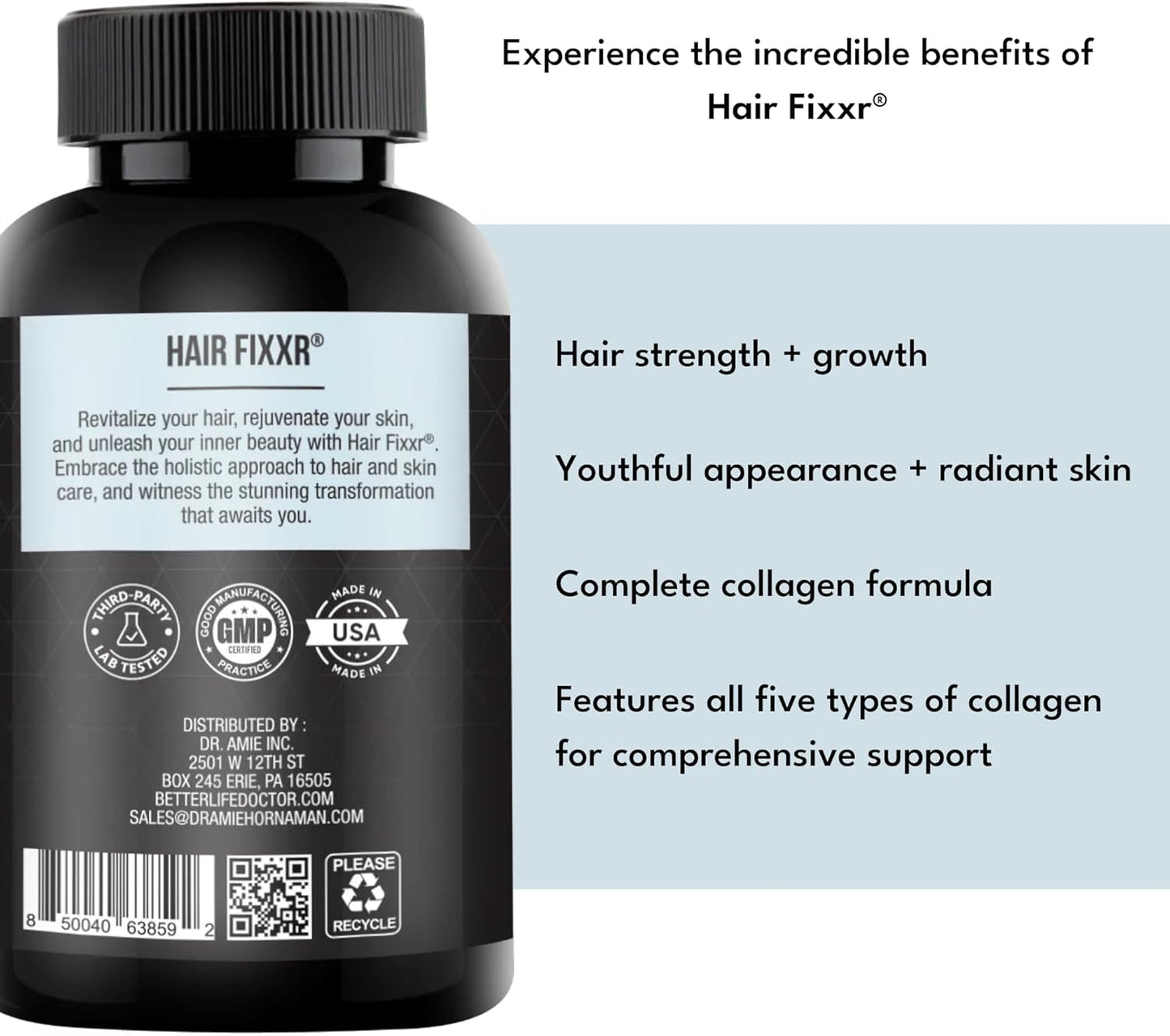 Dr. Amie's Fixxr Hair: Premium Collagen Protein Complex for Hair and Skin Support - 30 Day Supply, 60 Capsules