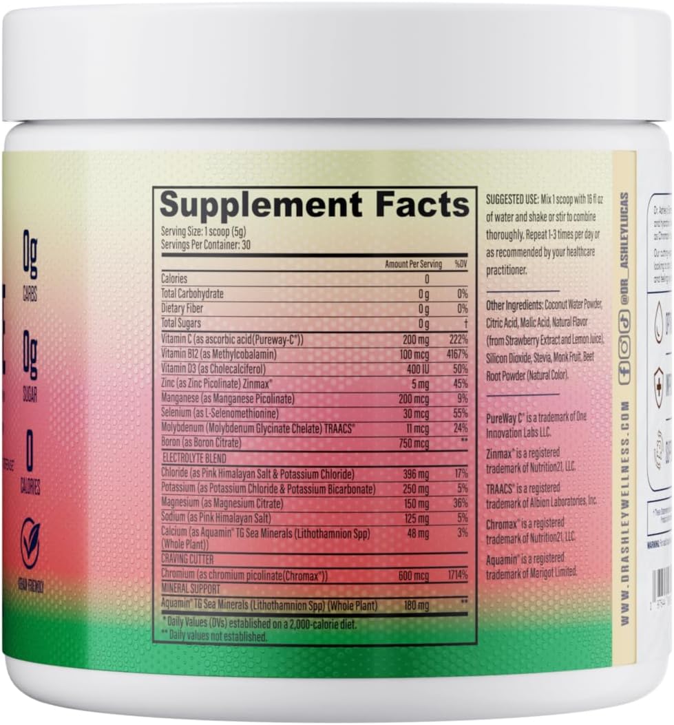 Dr. Ashley Wellness Electrolyte Plus Powder Drink Mix - Strawberry Paradise | Gluten-Free & Zero Sugar Hydration - 30 Servings