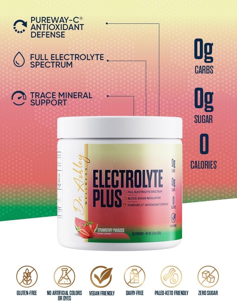 Dr. Ashley Wellness Electrolyte Plus Powder Drink Mix - Strawberry Paradise | Gluten-Free & Zero Sugar Hydration - 30 Servings