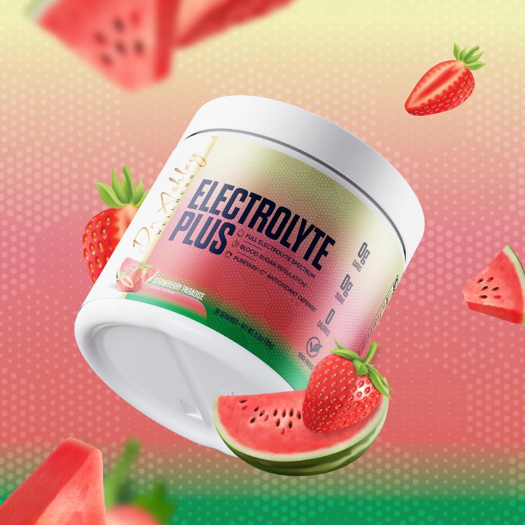 Dr. Ashley Wellness Electrolyte Plus Powder Drink Mix - Strawberry Paradise | Gluten-Free & Zero Sugar Hydration - 30 Servings