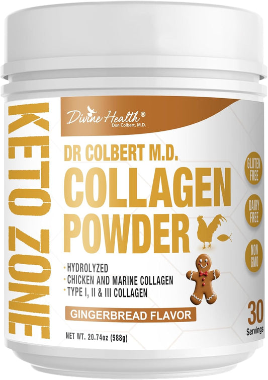 Dr. Colbert MD Gingerbread Flavored Hydrolyzed Collagen Powder - Type I, II, III Peptides for Healthy Hair, Skin & Nails - Keto Zone