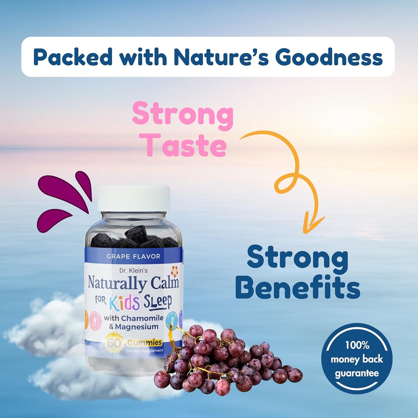 Dr. Klein's Calm Kids Magnesium Gummies - Chamomile & Linden Soothing Vitamins for Sleep Support - Grape Sugar-Free Chewables 60ct