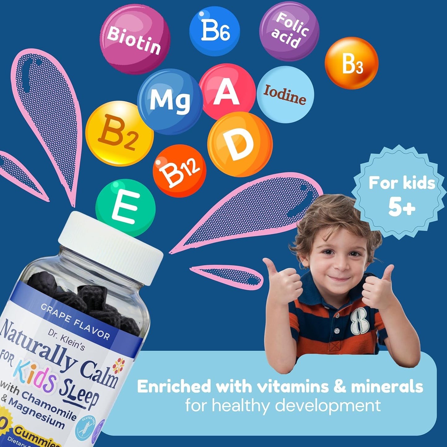 Dr. Klein's Calm Kids Magnesium Gummies - Chamomile & Linden Soothing Vitamins for Sleep Support - Grape Sugar-Free Chewables 60ct